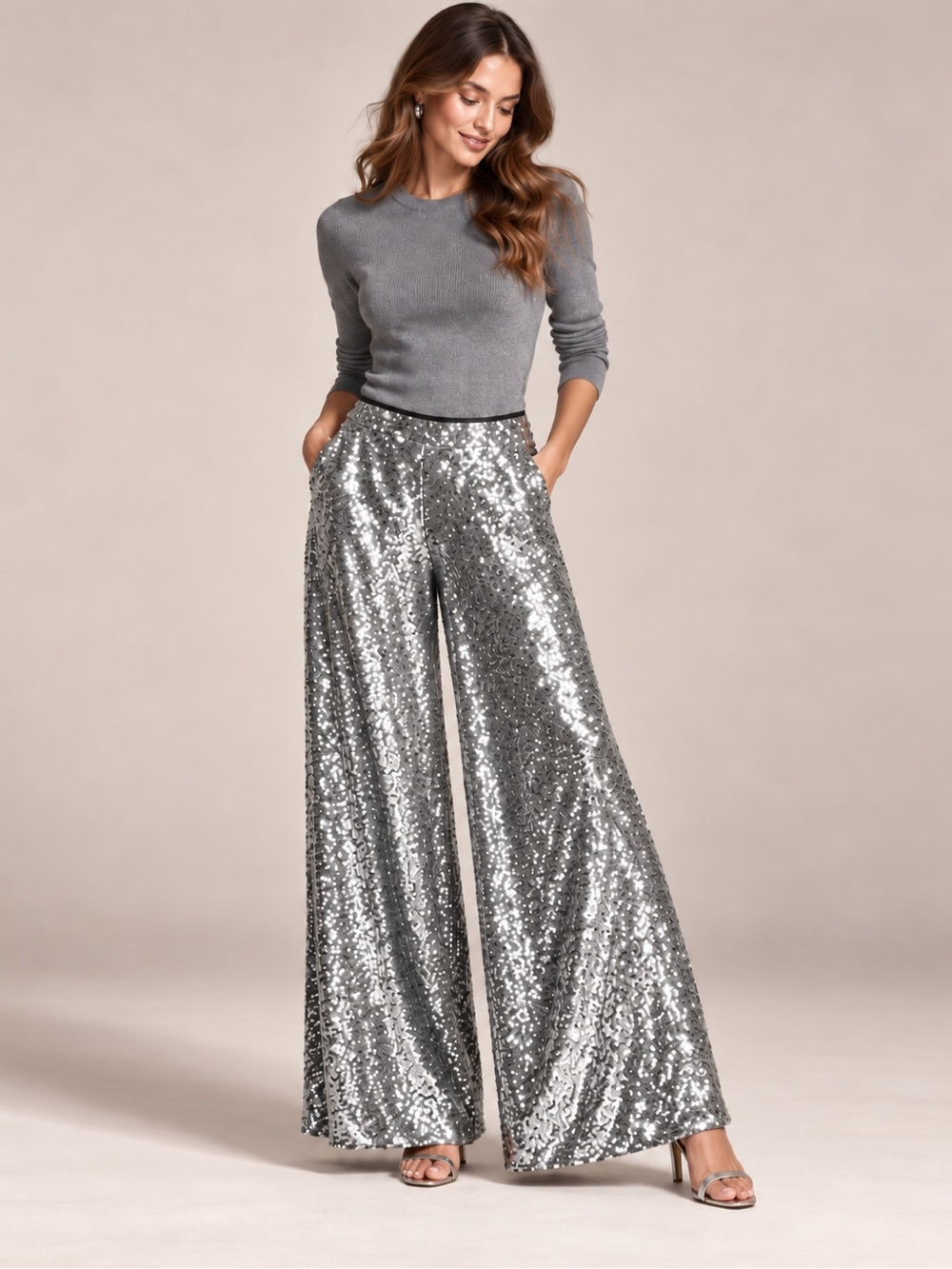 Alex Marie Silver Sequin Wide-Leg Pants